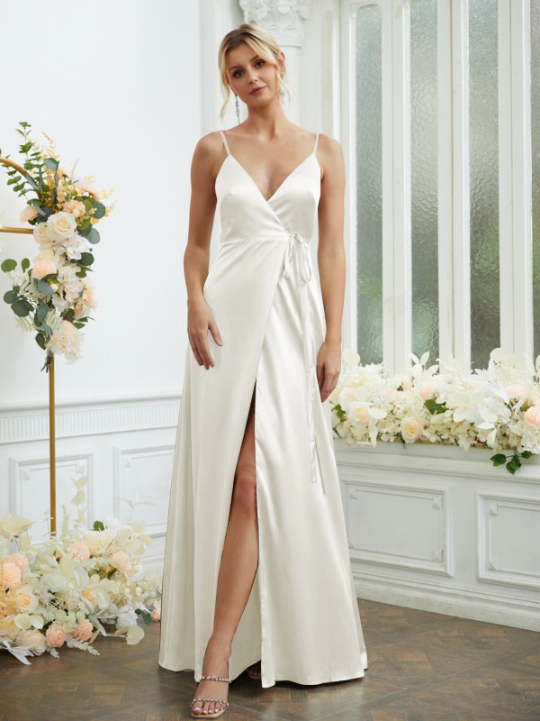 A-Line/Princess Silk like Satin V-neck Sleeveless Floor-Length Bridesmaid Dresses 2498