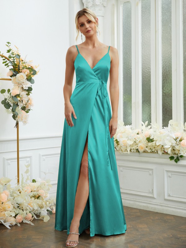 A-Line/Princess Silk like Satin V-neck Sleeveless Floor-Length Bridesmaid Dresses 2498