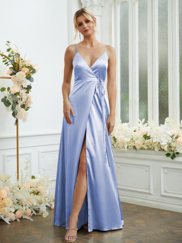 A-Line/Princess Silk like Satin V-neck Sleeveless Floor-Length Bridesmaid Dresses 2498