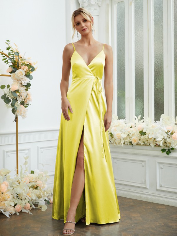 A-Line/Princess Silk like Satin V-neck Sleeveless Floor-Length Bridesmaid Dresses 2498