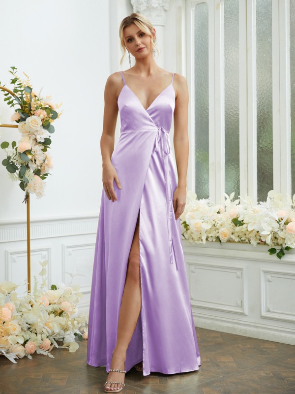 A-Line/Princess Silk like Satin V-neck Sleeveless Floor-Length Bridesmaid Dresses 2498