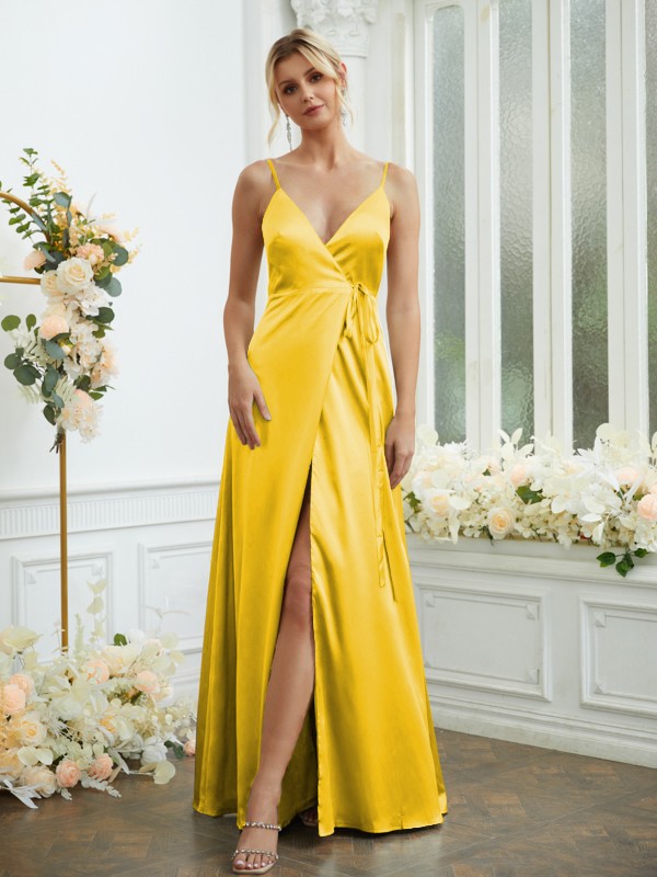 A-Line/Princess Silk like Satin V-neck Sleeveless Floor-Length Bridesmaid Dresses 2498