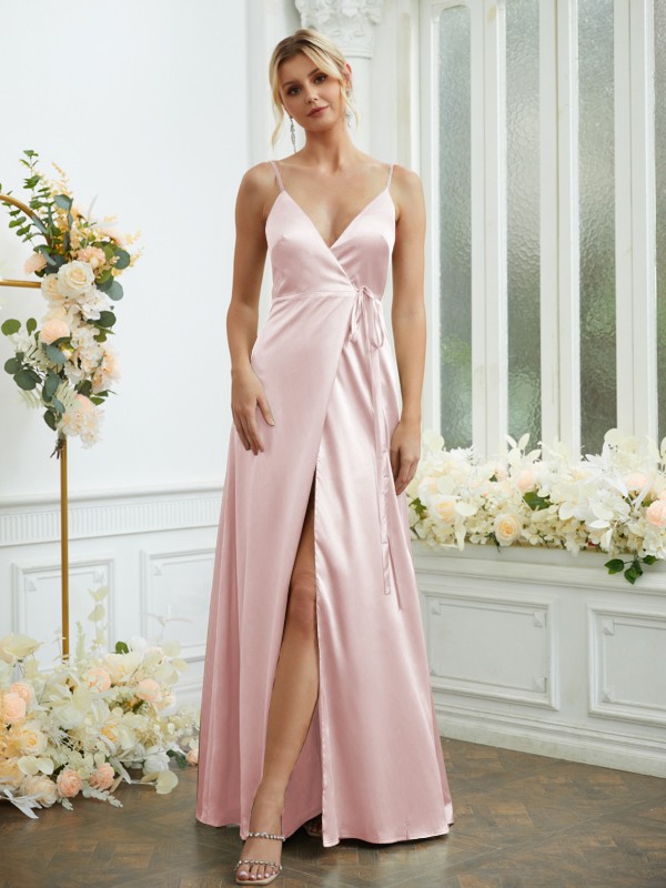 A-Line/Princess Silk like Satin V-neck Sleeveless Floor-Length Bridesmaid Dresses 2498