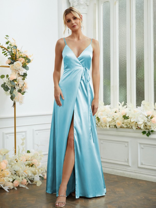 A-Line/Princess Silk like Satin V-neck Sleeveless Floor-Length Bridesmaid Dresses 2498