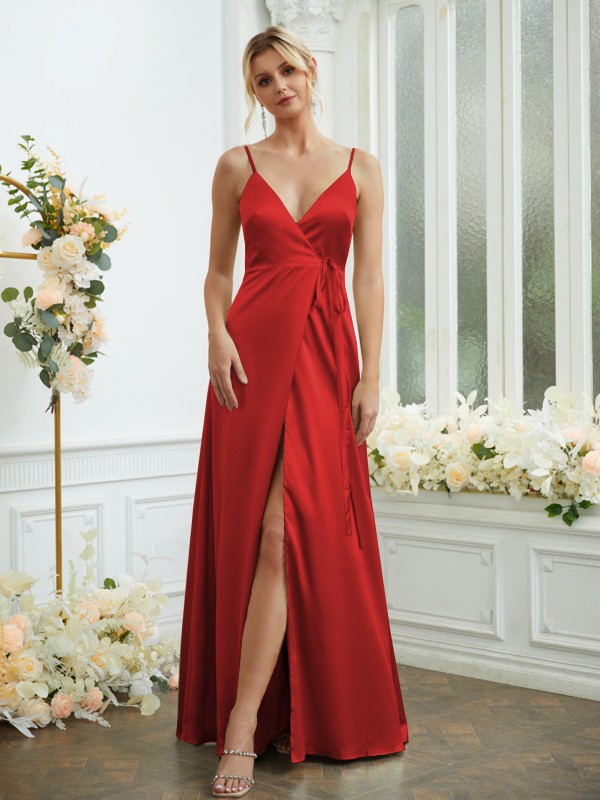 A-Line/Princess Silk like Satin V-neck Sleeveless Floor-Length Bridesmaid Dresses 2498