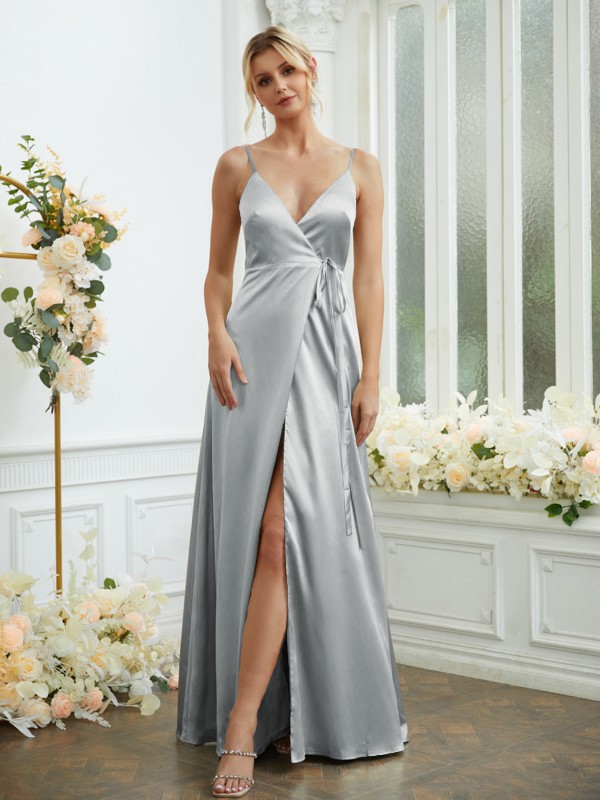 A-Line/Princess Silk like Satin V-neck Sleeveless Floor-Length Bridesmaid Dresses 2498