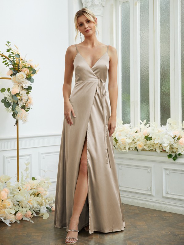 A-Line/Princess Silk like Satin V-neck Sleeveless Floor-Length Bridesmaid Dresses 2498