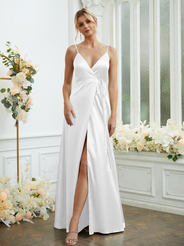 A-Line/Princess Silk like Satin V-neck Sleeveless Floor-Length Bridesmaid Dresses 2498