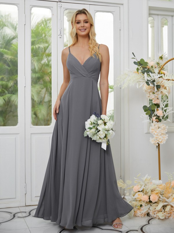 A-Line/Princess Chiffon Ruched V-neck Sleeveless Floor-Length Bridesmaid Dresses 2183