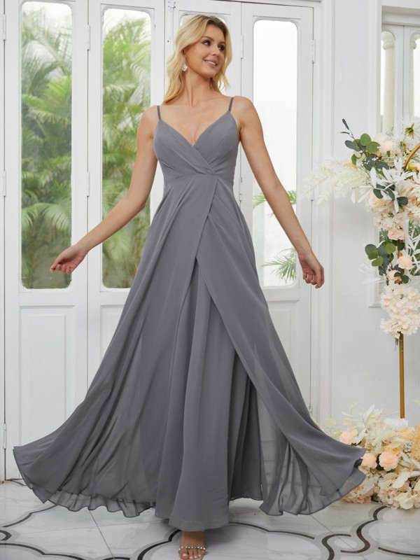 A-Line/Princess Chiffon Ruched V-neck Sleeveless Floor-Length Bridesmaid Dresses 2183