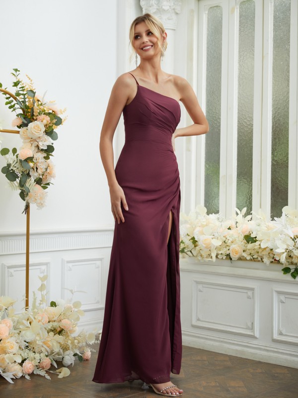 Sheath/Column Chiffon Ruched One-Shoulder Sleeveless Floor-Length Bridesmaid Dresses 2901