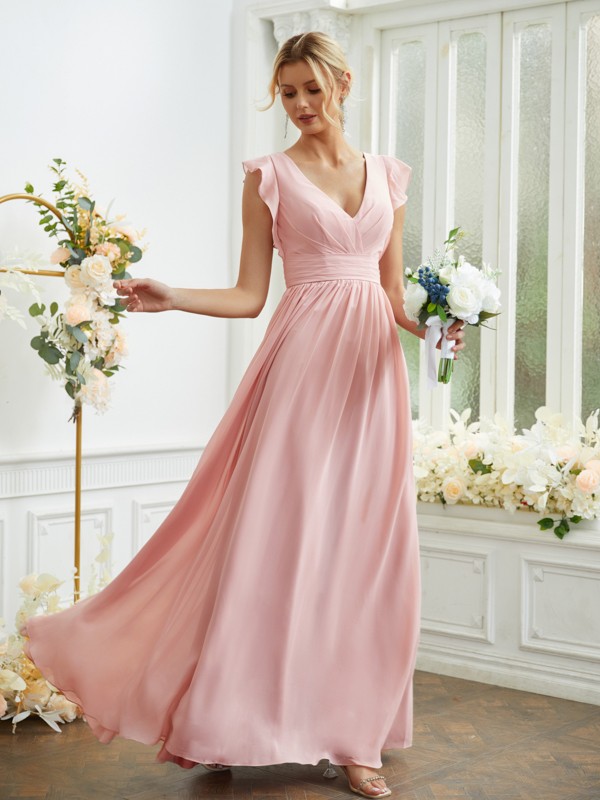 A-Line/Princess Chiffon Ruched V-neck Sleeveless Floor-Length Bridesmaid Dresses 2184