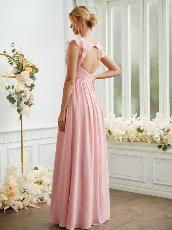 A-Line/Princess Chiffon Ruched V-neck Sleeveless Floor-Length Bridesmaid Dresses 2184