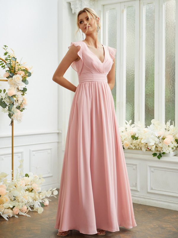 A-Line/Princess Chiffon Ruched V-neck Sleeveless Floor-Length Bridesmaid Dresses 2184