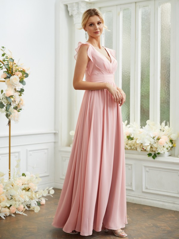 A-Line/Princess Chiffon Ruched V-neck Sleeveless Floor-Length Bridesmaid Dresses 2184