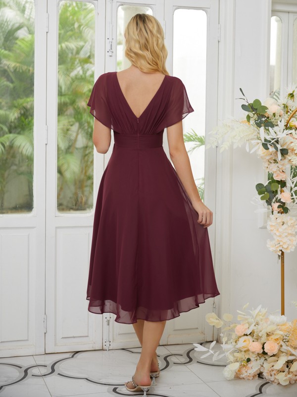 A-Line/Princess Chiffon Ruched Scoop Short Sleeves Asymmetrical Bridesmaid Dresses 2165