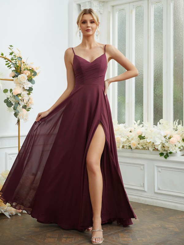 A-Line/Princess Chiffon Ruched V-neck Sleeveless Floor-Length Bridesmaid Dresses 2185