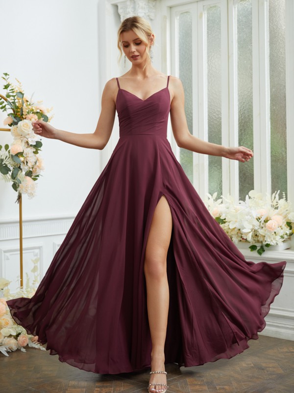 A-Line/Princess Chiffon Ruched V-neck Sleeveless Floor-Length Bridesmaid Dresses 2185