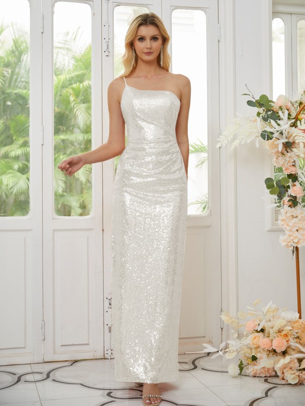 Sheath/Column Sequins Ruched One-Shoulder Sleeveless Floor-Length Bridesmaid Dresses 3041