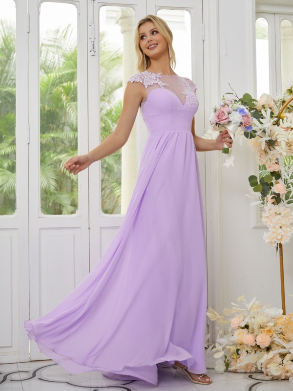 A-Line/Princess Chiffon Applique Scoop Short Sleeves Floor-Length Bridesmaid Dresses 2130