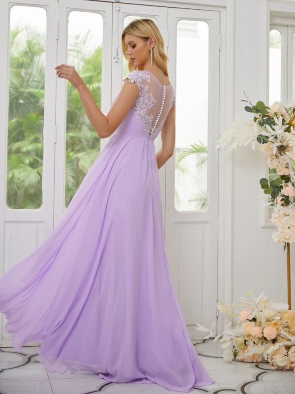 A-Line/Princess Chiffon Applique Scoop Short Sleeves Floor-Length Bridesmaid Dresses 2130