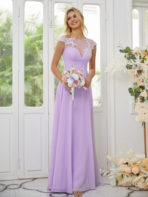 A-Line/Princess Chiffon Applique Scoop Short Sleeves Floor-Length Bridesmaid Dresses 2130