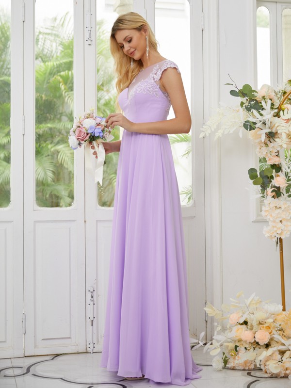 A-Line/Princess Chiffon Applique Scoop Short Sleeves Floor-Length Bridesmaid Dresses 2130