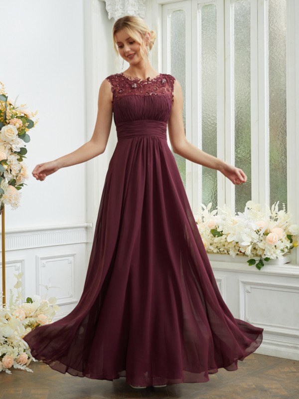 A-Line/Princess Chiffon Lace Scoop Sleeveless Floor-Length Bridesmaid Dresses 2145