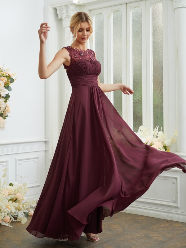 A-Line/Princess Chiffon Lace Scoop Sleeveless Floor-Length Bridesmaid Dresses 2145