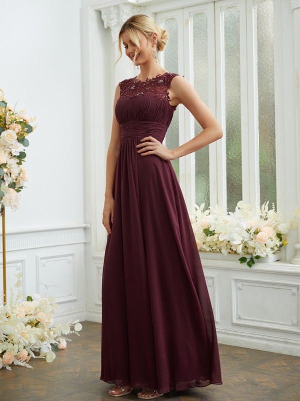 A-Line/Princess Chiffon Lace Scoop Sleeveless Floor-Length Bridesmaid Dresses 2145