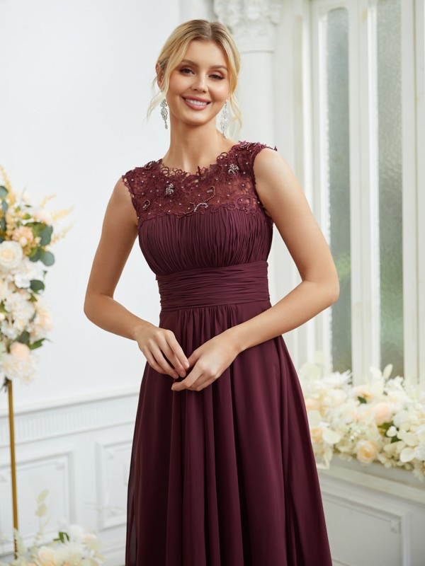 A-Line/Princess Chiffon Lace Scoop Sleeveless Floor-Length Bridesmaid Dresses 2145