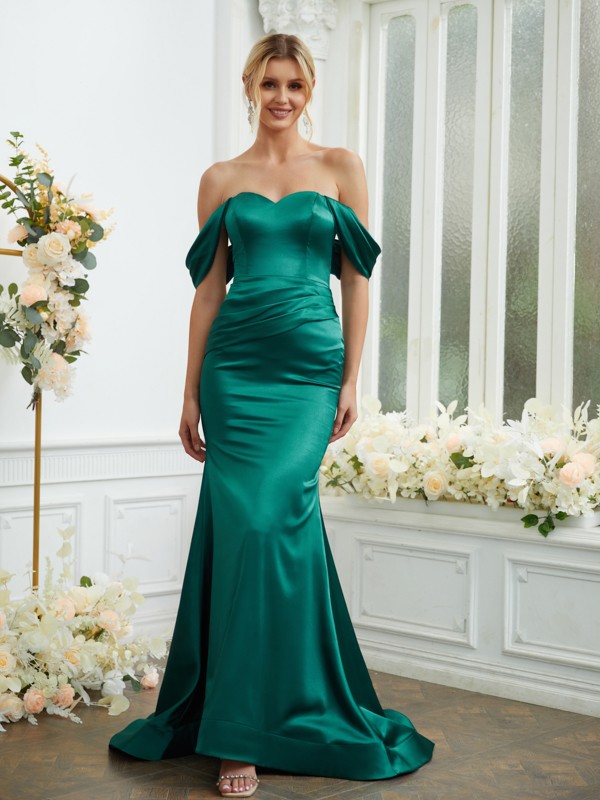 Sheath/Column Elastic Woven Satin Ruched Off-the-Shoulder Sleeveless Sweep/Brush Train Bridesmaid Dresses 2919