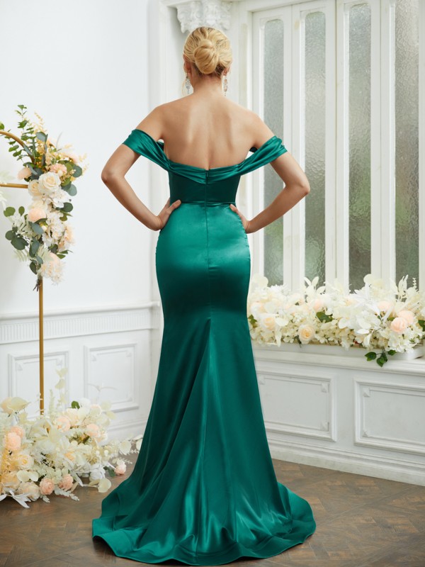 Sheath/Column Elastic Woven Satin Ruched Off-the-Shoulder Sleeveless Sweep/Brush Train Bridesmaid Dresses 2919