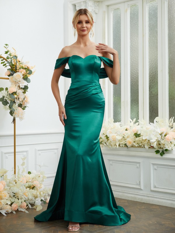 Sheath/Column Elastic Woven Satin Ruched Off-the-Shoulder Sleeveless Sweep/Brush Train Bridesmaid Dresses 2919