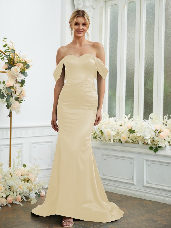 Sheath/Column Elastic Woven Satin Ruched Off-the-Shoulder Sleeveless Sweep/Brush Train Bridesmaid Dresses 2919