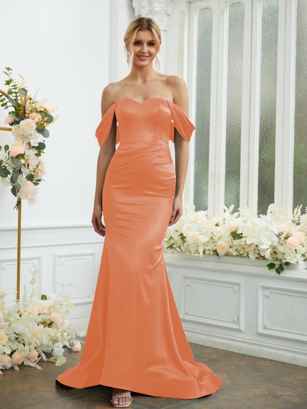 Sheath/Column Elastic Woven Satin Ruched Off-the-Shoulder Sleeveless Sweep/Brush Train Bridesmaid Dresses 2919