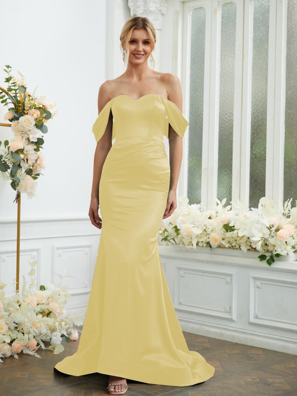 Sheath/Column Elastic Woven Satin Ruched Off-the-Shoulder Sleeveless Sweep/Brush Train Bridesmaid Dresses 2919