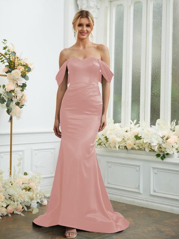 Sheath/Column Elastic Woven Satin Ruched Off-the-Shoulder Sleeveless Sweep/Brush Train Bridesmaid Dresses 2919