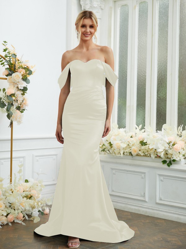 Sheath/Column Elastic Woven Satin Ruched Off-the-Shoulder Sleeveless Sweep/Brush Train Bridesmaid Dresses 2919