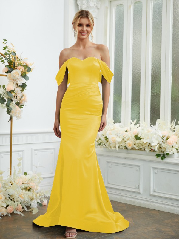 Sheath/Column Elastic Woven Satin Ruched Off-the-Shoulder Sleeveless Sweep/Brush Train Bridesmaid Dresses 2919