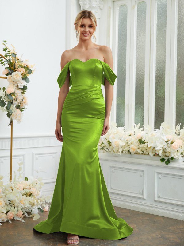 Sheath/Column Elastic Woven Satin Ruched Off-the-Shoulder Sleeveless Sweep/Brush Train Bridesmaid Dresses 2919