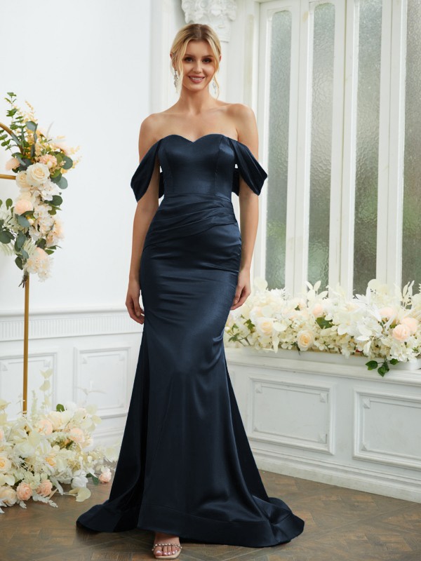 Sheath/Column Elastic Woven Satin Ruched Off-the-Shoulder Sleeveless Sweep/Brush Train Bridesmaid Dresses 2919