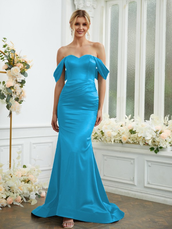 Sheath/Column Elastic Woven Satin Ruched Off-the-Shoulder Sleeveless Sweep/Brush Train Bridesmaid Dresses 2919