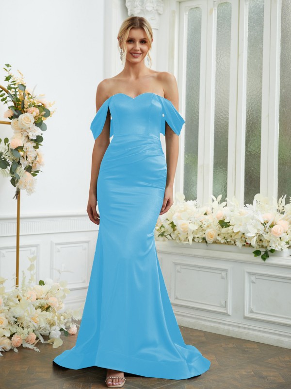 Sheath/Column Elastic Woven Satin Ruched Off-the-Shoulder Sleeveless Sweep/Brush Train Bridesmaid Dresses 2919