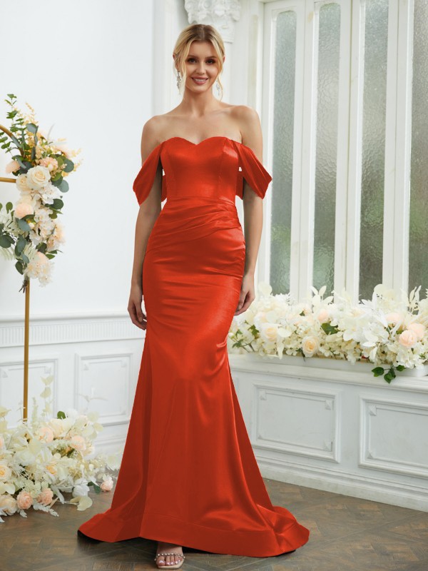 Sheath/Column Elastic Woven Satin Ruched Off-the-Shoulder Sleeveless Sweep/Brush Train Bridesmaid Dresses 2919