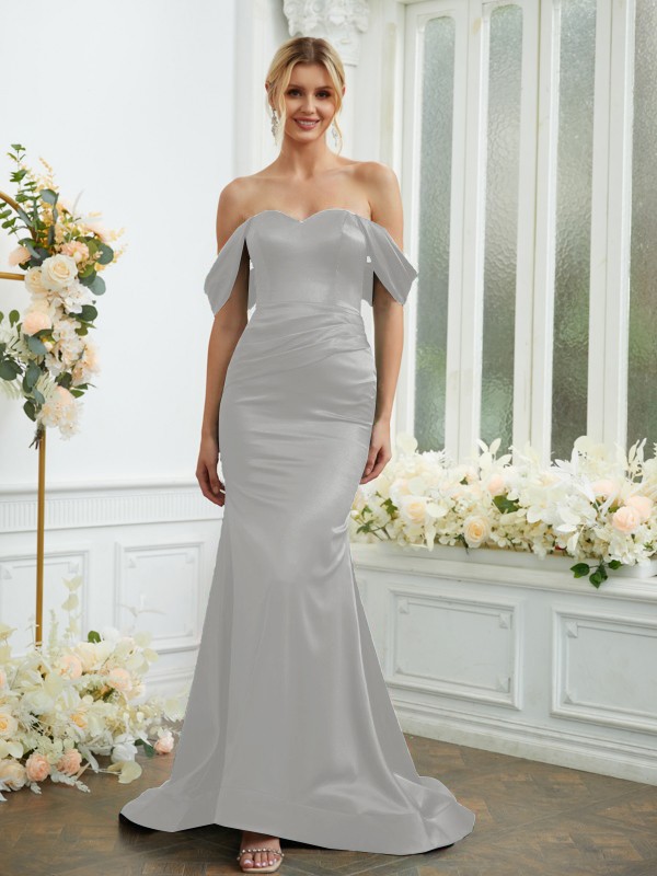 Sheath/Column Elastic Woven Satin Ruched Off-the-Shoulder Sleeveless Sweep/Brush Train Bridesmaid Dresses 2919