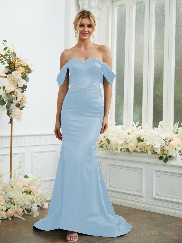 Sheath/Column Elastic Woven Satin Ruched Off-the-Shoulder Sleeveless Sweep/Brush Train Bridesmaid Dresses 2919