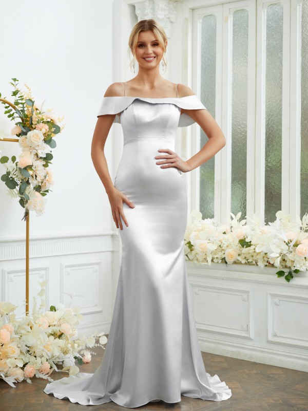 Sheath/Column Elastic Woven Satin Spaghetti Straps Sleeveless Sweep/Brush Train Bridesmaid Dresses 2941