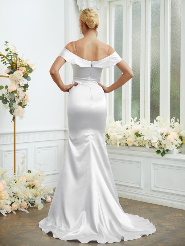 Sheath/Column Elastic Woven Satin Spaghetti Straps Sleeveless Sweep/Brush Train Bridesmaid Dresses 2941