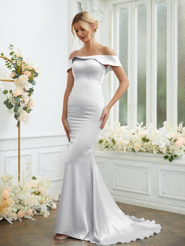 Sheath/Column Elastic Woven Satin Spaghetti Straps Sleeveless Sweep/Brush Train Bridesmaid Dresses 2941